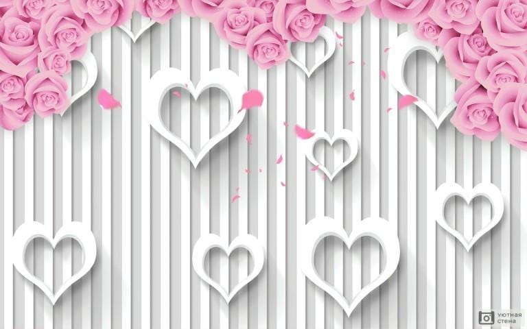 Pembe Gül ve Kalp Motifli Romantik Duvar Kağıdı - Görsel 2