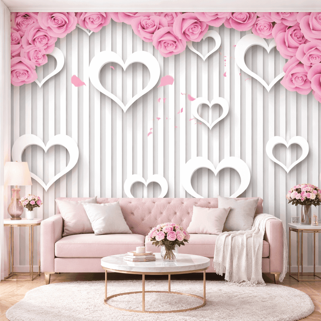 Pembe Gül ve Kalp Motifli Romantik Duvar Kağıdı