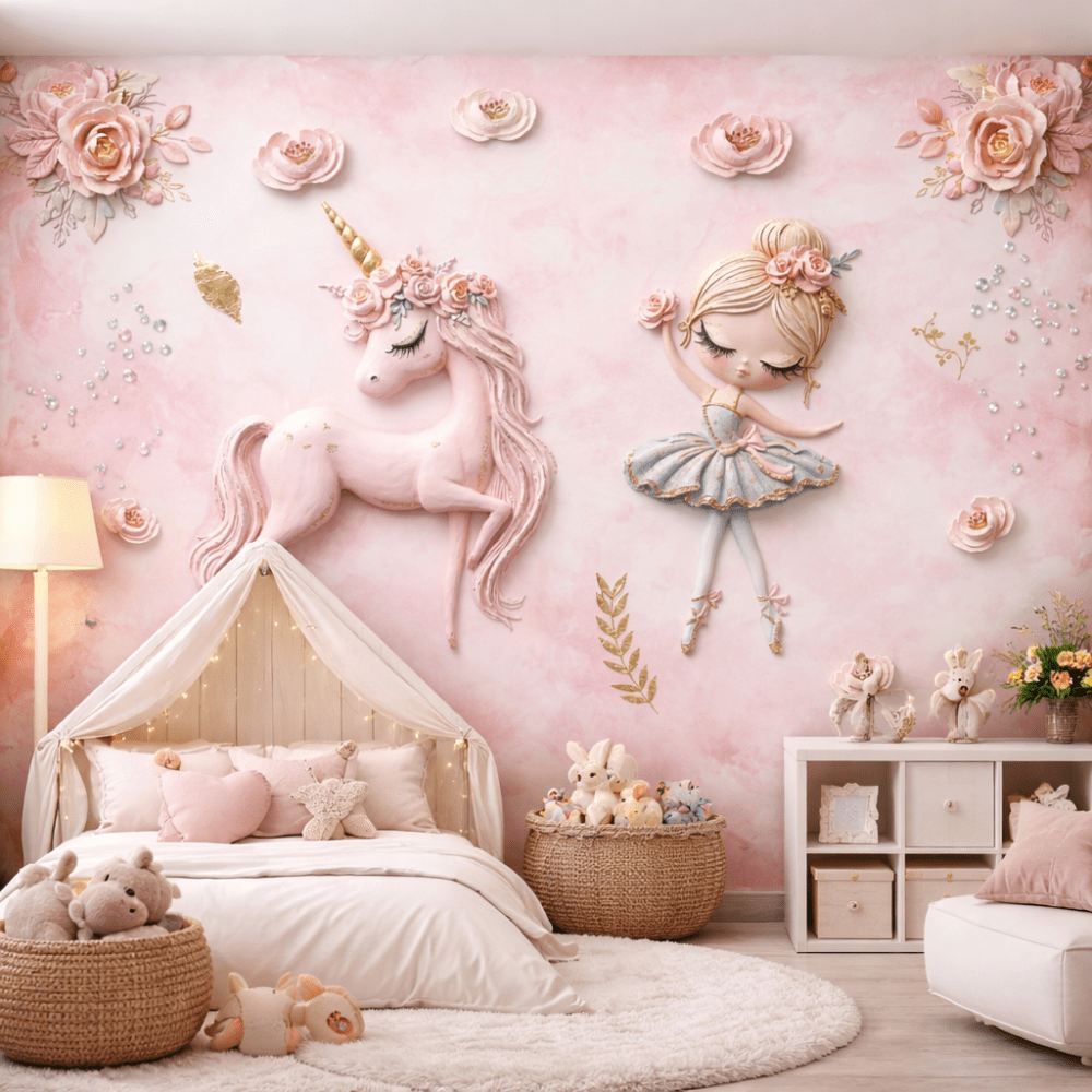 Prenses Unicorn ve Bale Kız 5D Kabartma Görünümlü Duvar Kağıdı