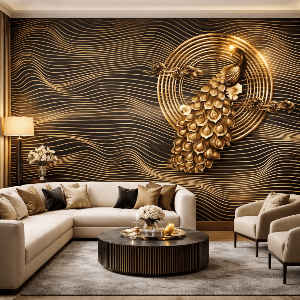 Altın Tavus Kuşu Lüks 5D Kabartma Görünümlü Duvar Kağıdı