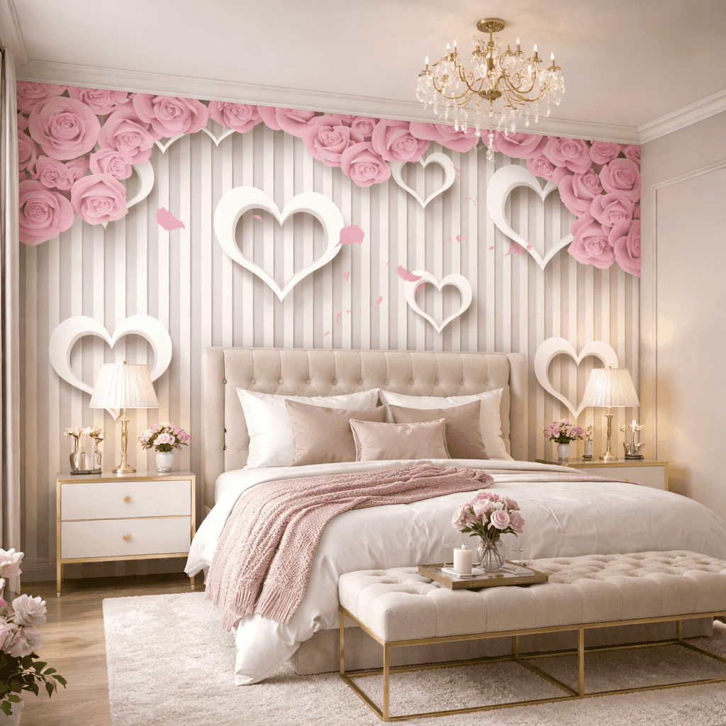 Pembe Gül ve Kalp Motifli Romantik Duvar Kağıdı - Görsel 3