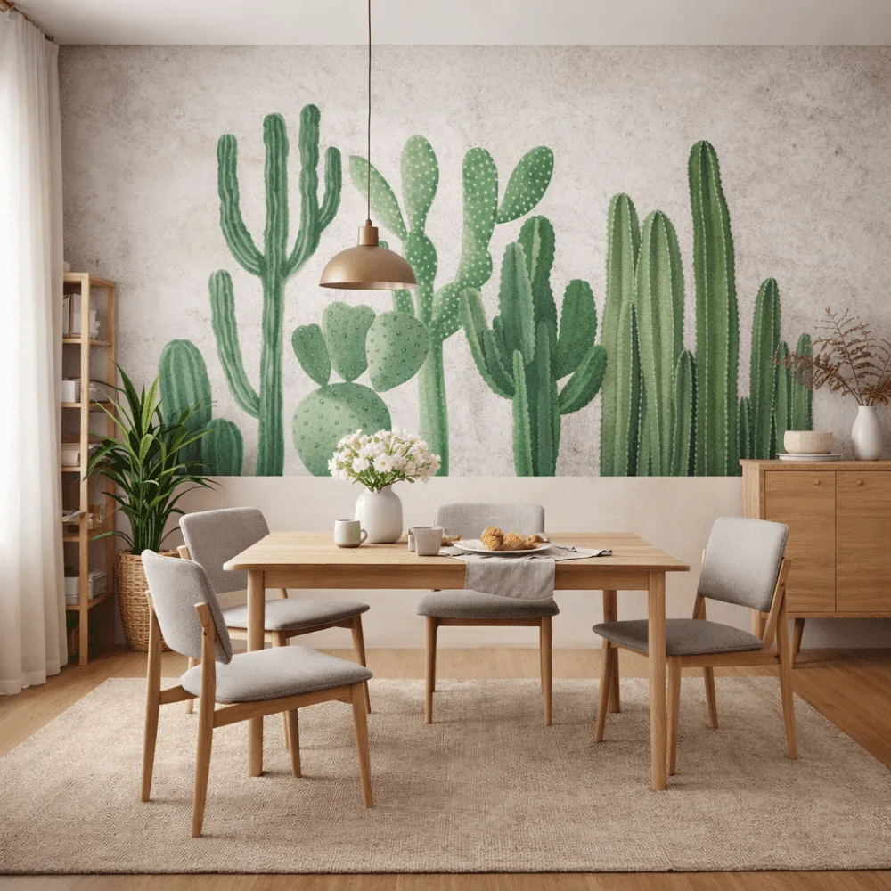 Sulu Boya Kaktüs Desenli Modern Duvar Kağıdı