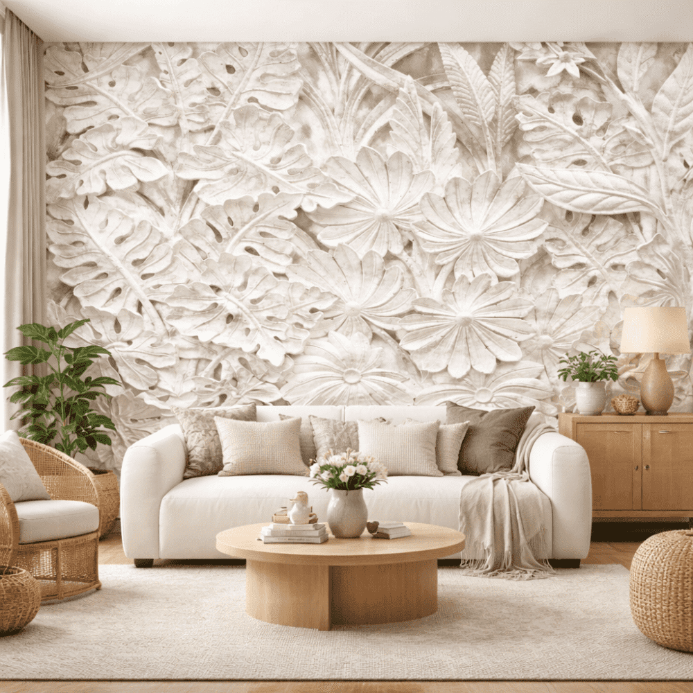 Beyaz Kabartma Çiçekli Tropikal Duvar Kağıdı