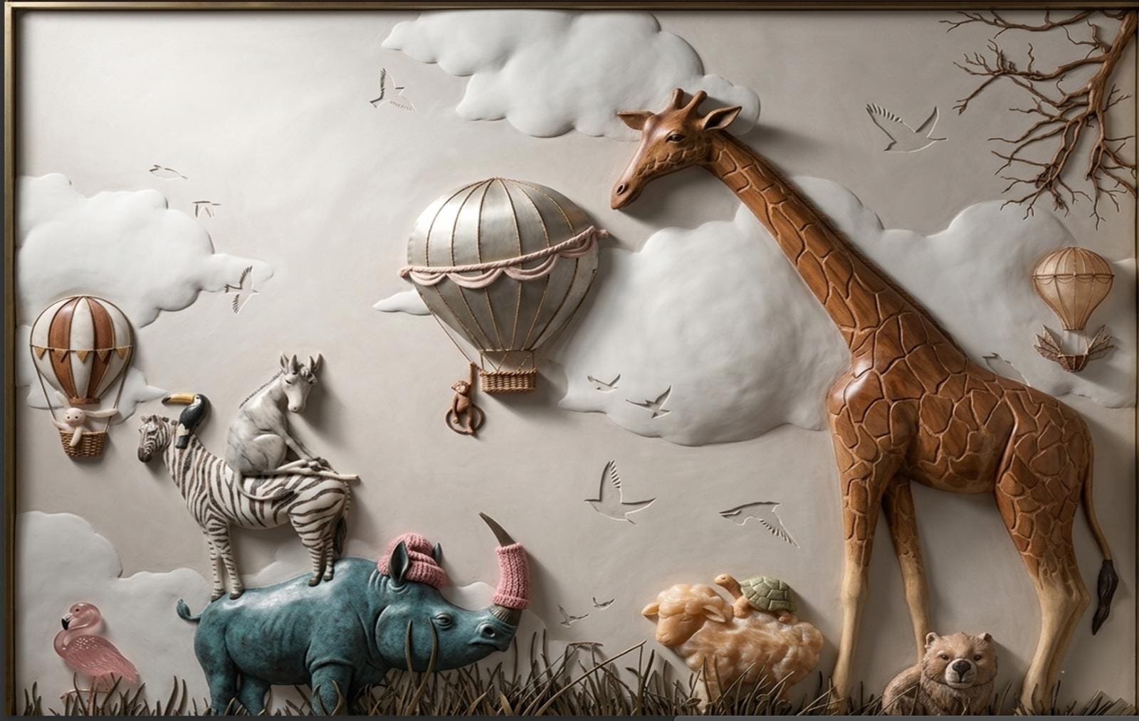 3D Safari Hayvanlar ve Balonlar Çocuk Odası Duvar Kağıdı - Görsel 2