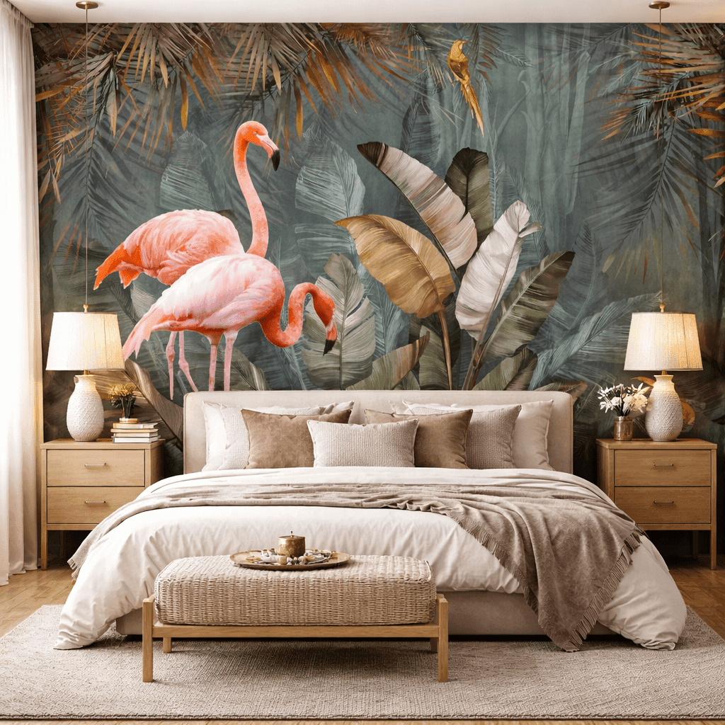 Flamingo ve Tropikal Yaprak Desenli Duvar Kağıdı - Görsel 3