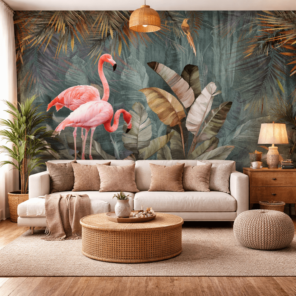 Flamingo ve Tropikal Yaprak Desenli Duvar Kağıdı