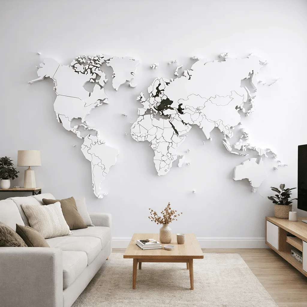 Minimal 3D Beyaz Dünya Haritası Duvar Kağıdı - Görsel 3