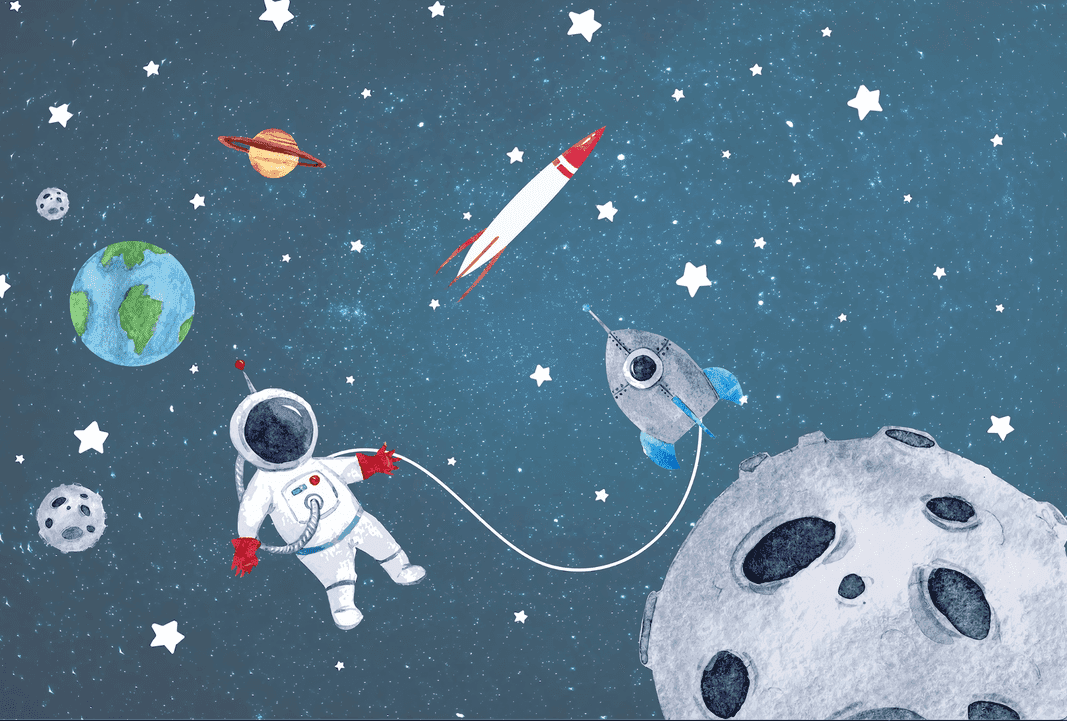 Sevimli Astronot ve Uzay Temalı Çocuk Odası Duvar Kağıdı - Görsel 2