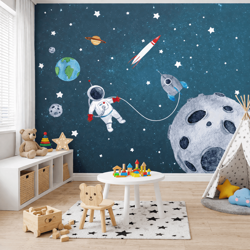 Sevimli Astronot ve Uzay Temalı Çocuk Odası Duvar Kağıdı