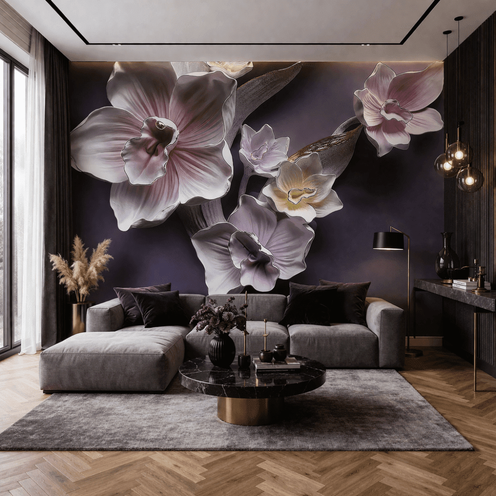 Lüks Orkide Çiçekleri 3D Görünümlü Duvar Kağıdı