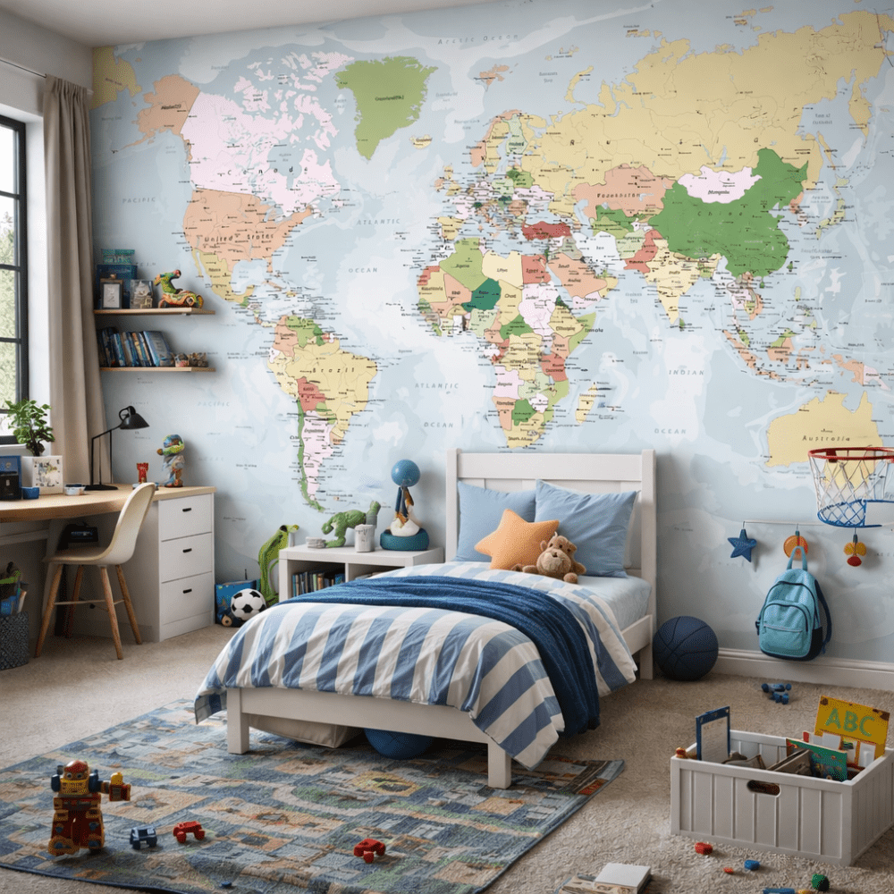 Renkli Detaylı Dünya Haritası Modern Duvar Kağıdı