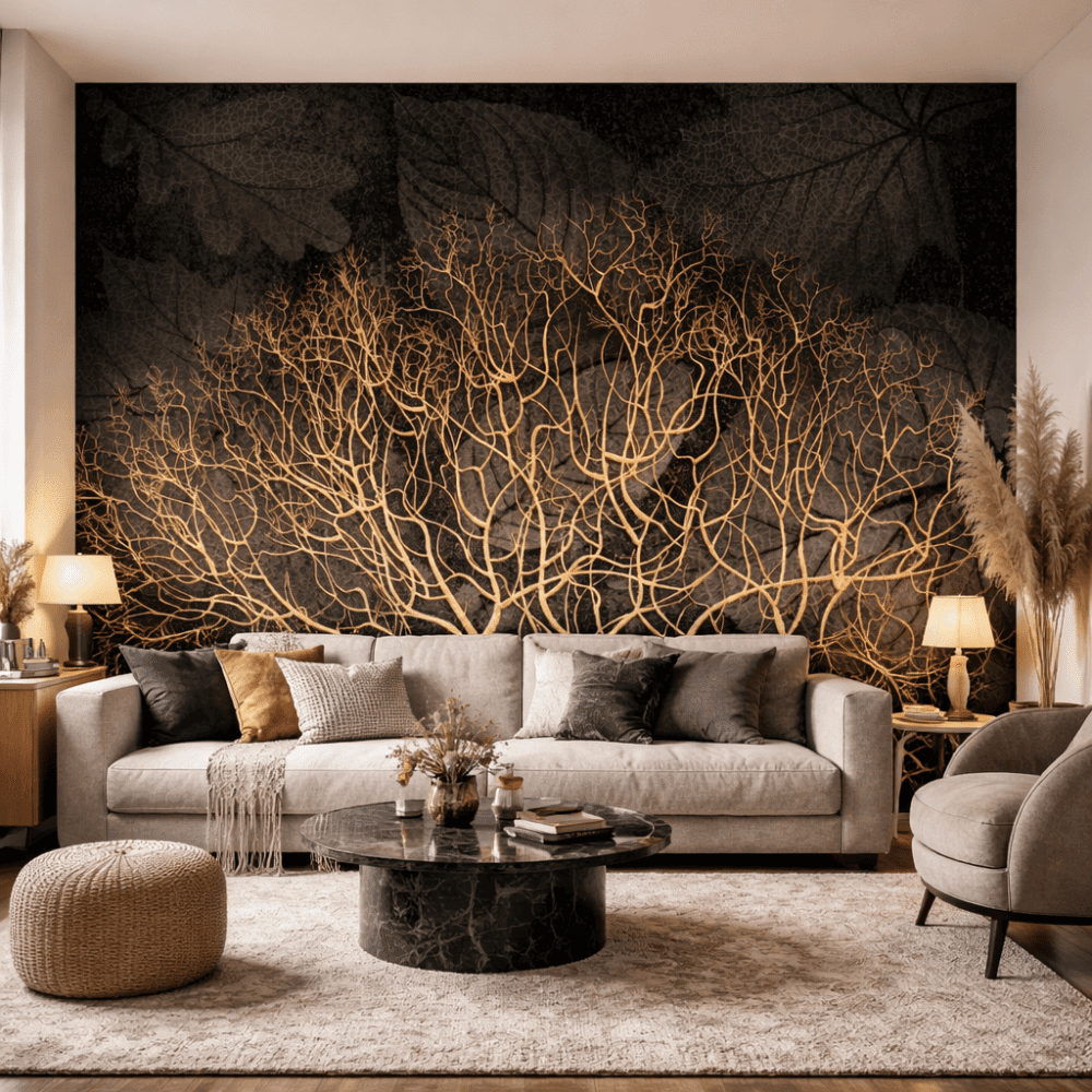 Altın Dallar Siyah Zemin Lüks Duvar Kağıdı