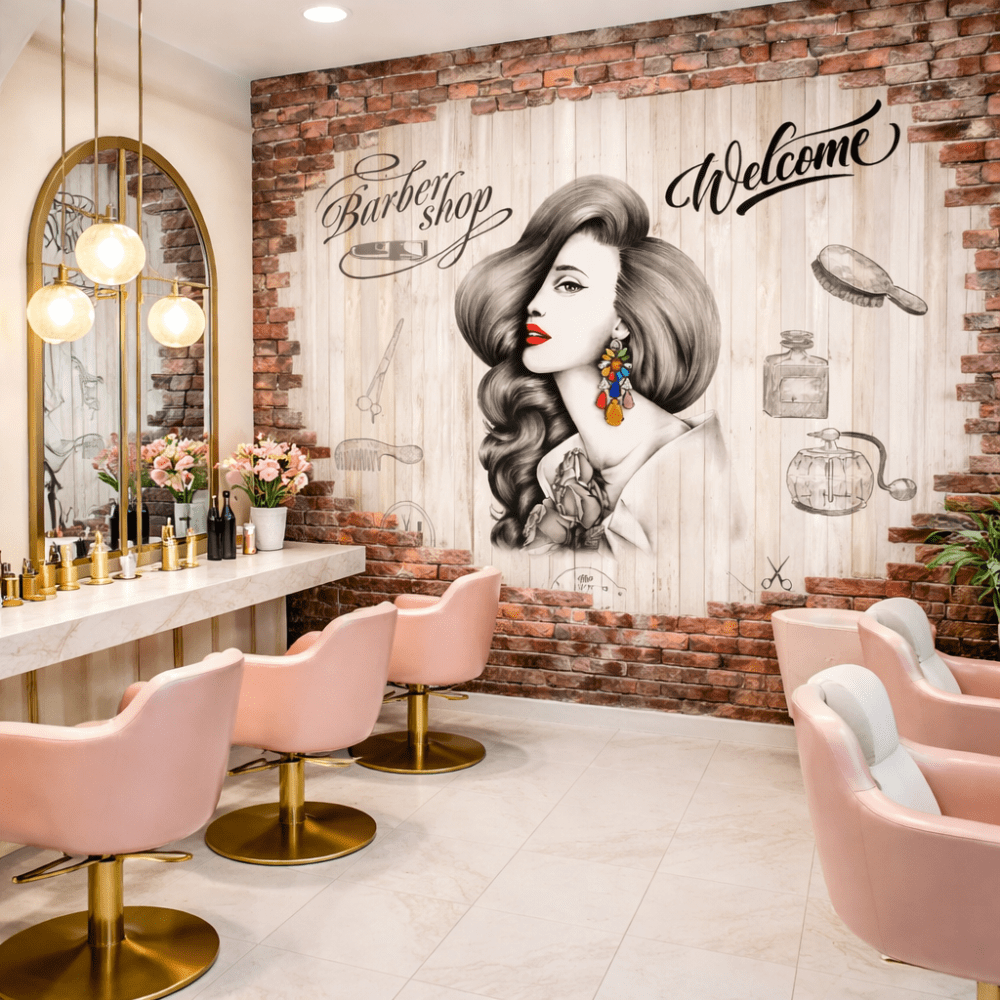 Vintage Kuaför Kadın Figürlü Tuğla Duvar Kağıdı