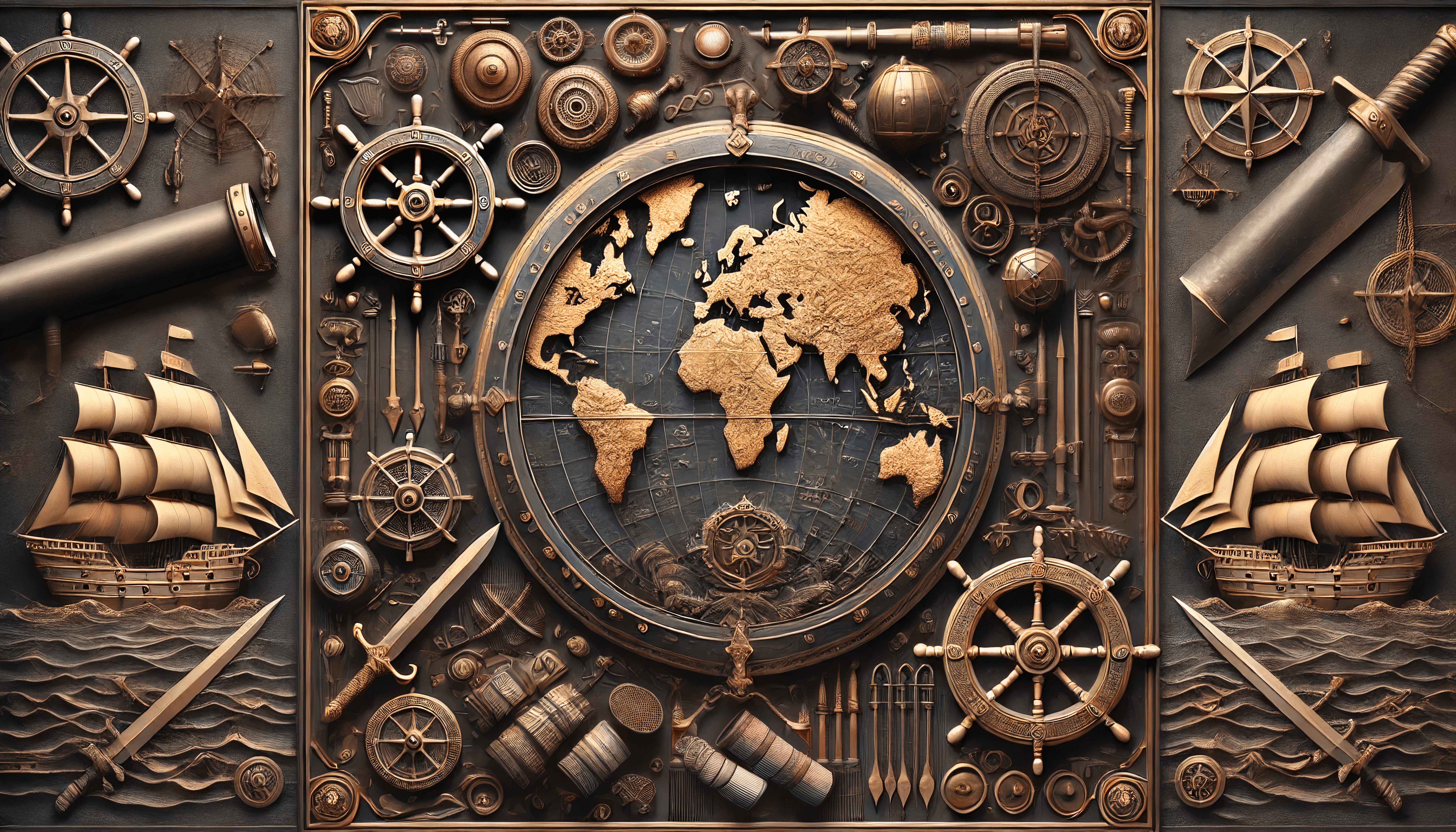 Steampunk Denizcilik Temalı Dünya Haritası Duvar Kağıdı - Görsel 2