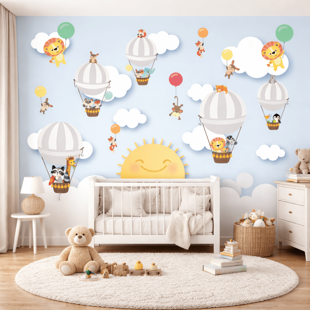 Uçan Balonlu Sevimli Hayvanlar Çocuk Odası Duvar Kağıdı