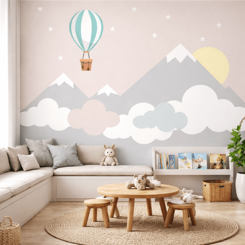 Pastel Dağlar ve Balonlu Çocuk Odası Duvar Kağıdı