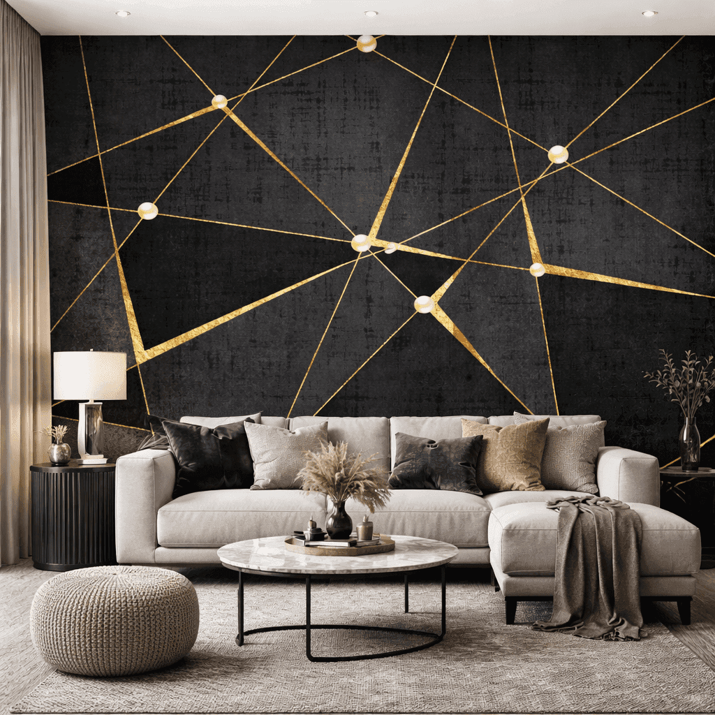 Altın Geometrik Çizgili Siyah Modern Duvar Kağıdı