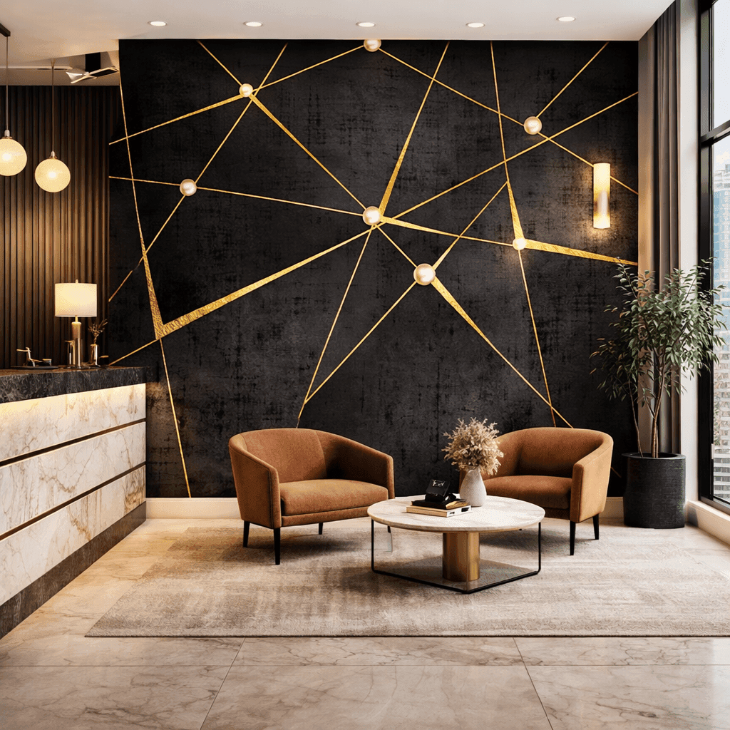 Altın Geometrik Çizgili Siyah Modern Duvar Kağıdı - Görsel 3
