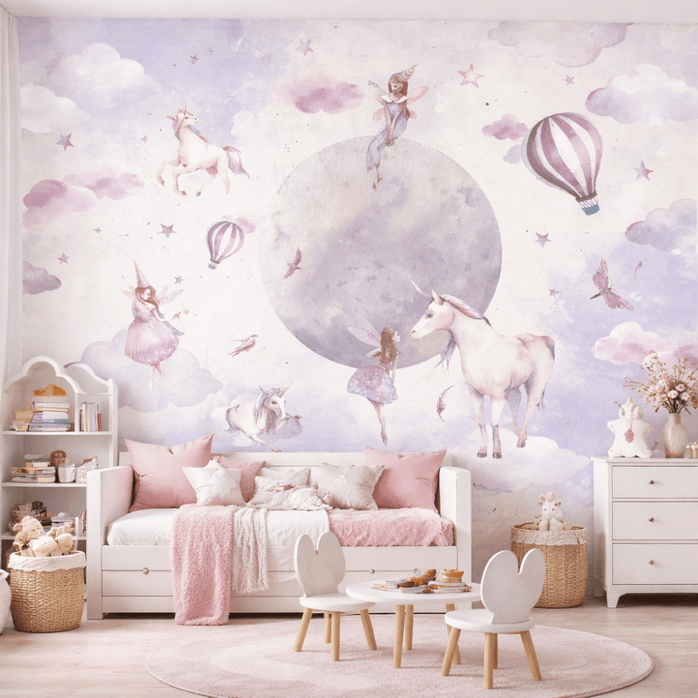 Peri Masalı Unicorn ve Ay Desenli Çocuk Odası Duvar Kağıdı