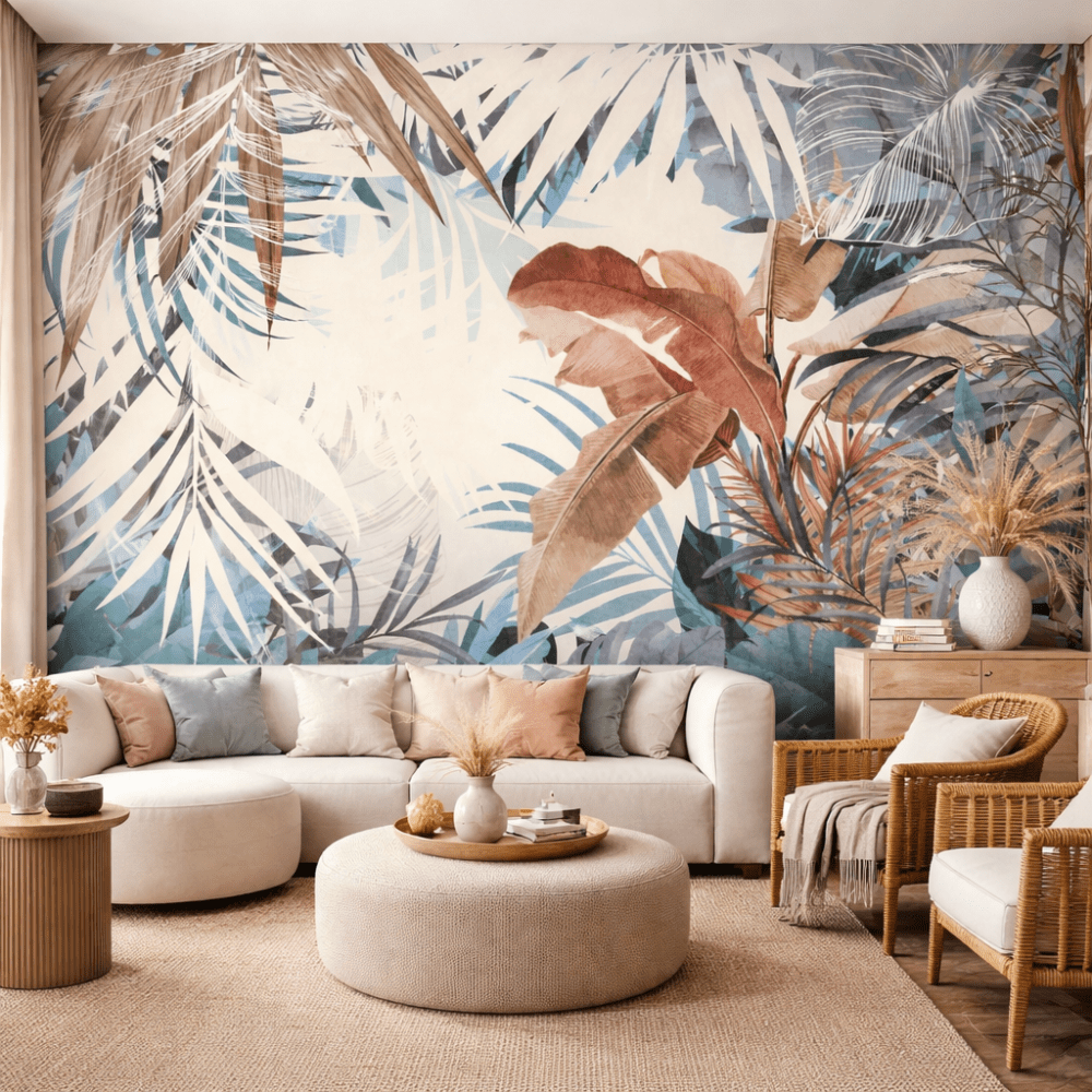 Pastel Tropikal Yaprak Desenli Modern Duvar Kağıdı