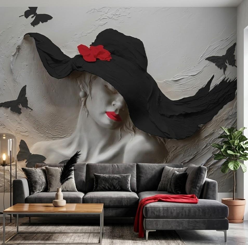 Siyah Şapkalı Kadın ve Kelebekler 3D Rölyef Duvar Kağıdı