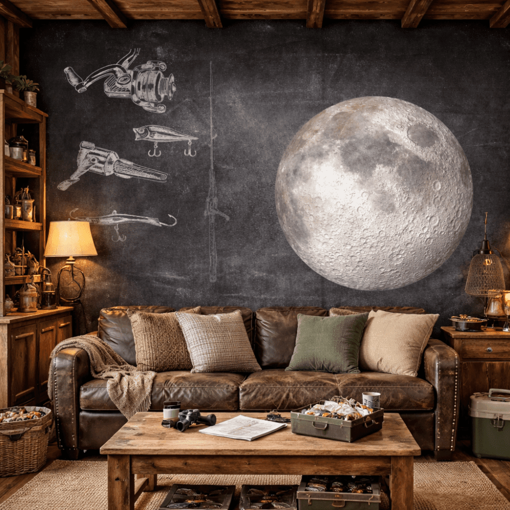 Ay ve Balıkçılık Temalı Eskiz Duvar Kağıdı