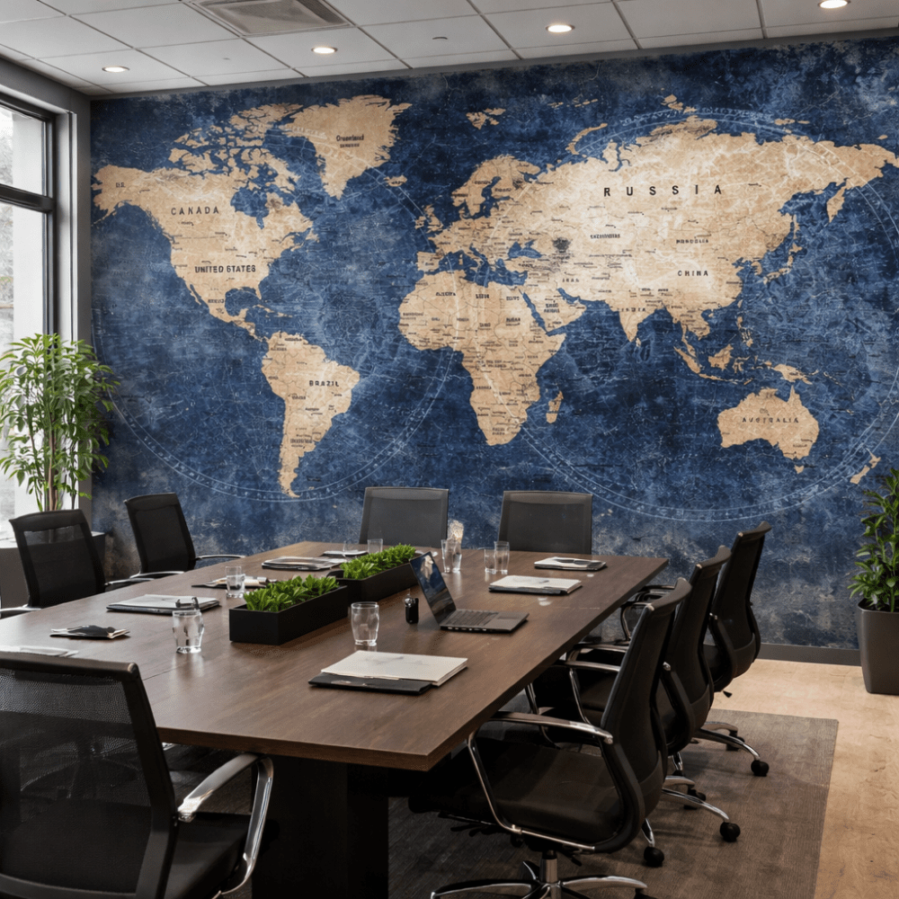 Lacivert Eskitme Dünya Haritası Vintage Duvar Kağıdı