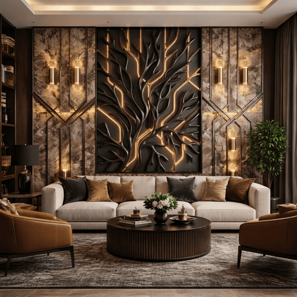 Altın Işıklı Soyut Ağaç 5D Kabartma Görünümlü Duvar Kağıdı