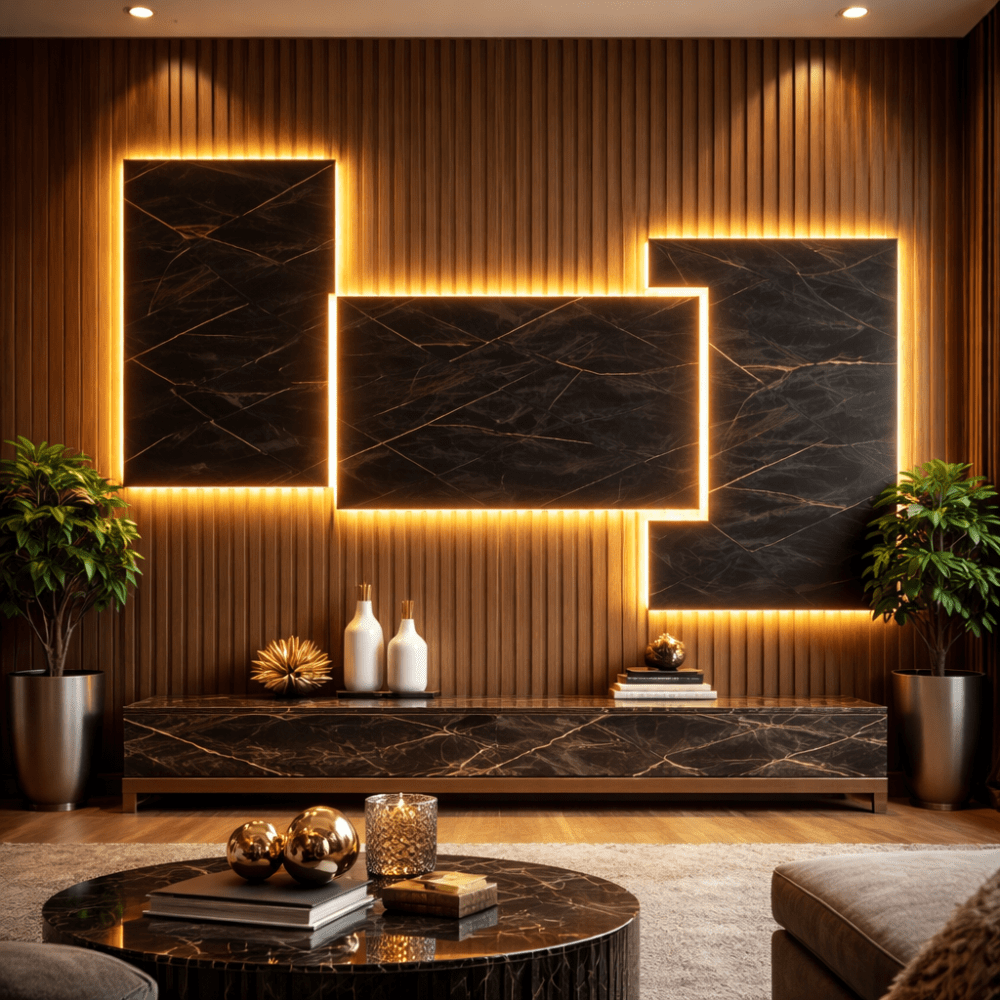 Altın Işıklı Geometrik Mermer 5D Kabartma Görünümlü Duvar Kağıdı