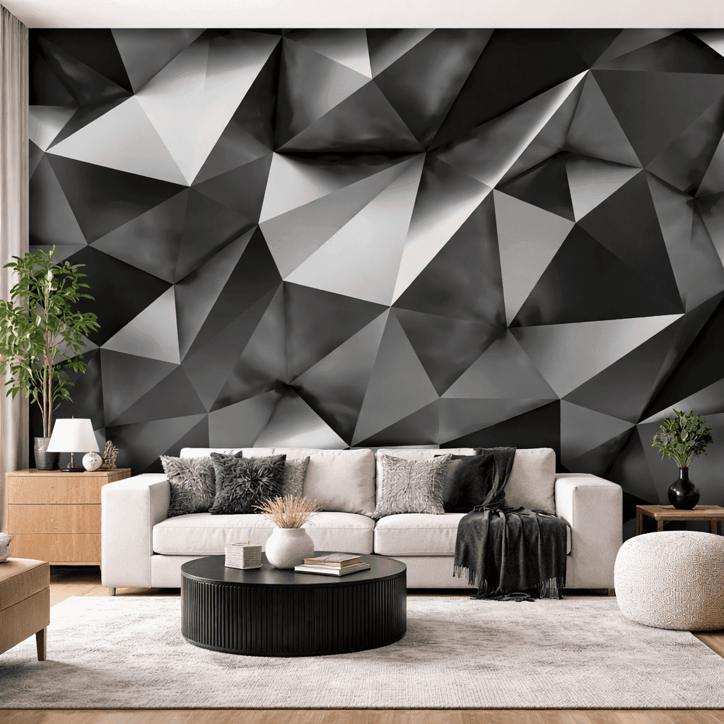 3D Geometrik Duvar Kağıdı – Siyah Gri Modern Duvar Paneli Görünümlü Tasarım