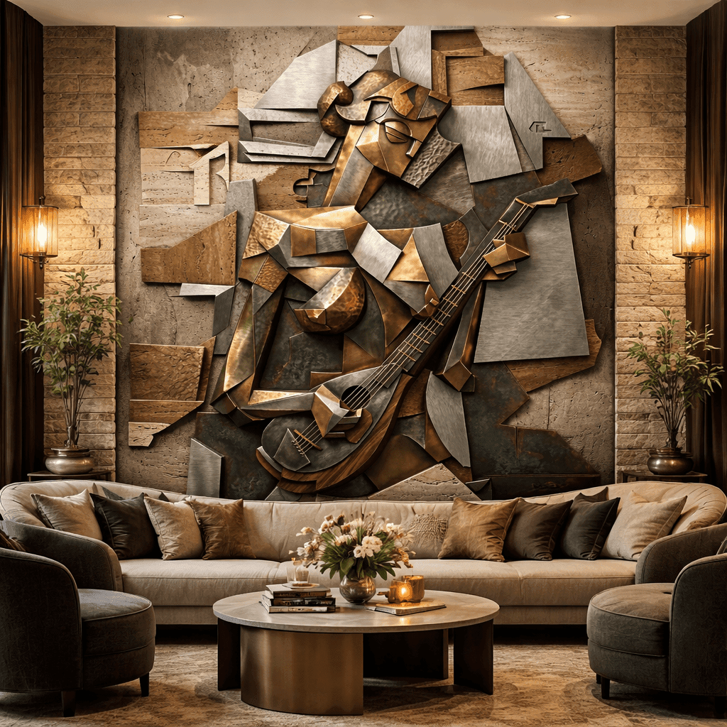3D Kabartma Görünümlü Kübist Müzisyen Figürlü Duvar Kağıdı - Görsel 3