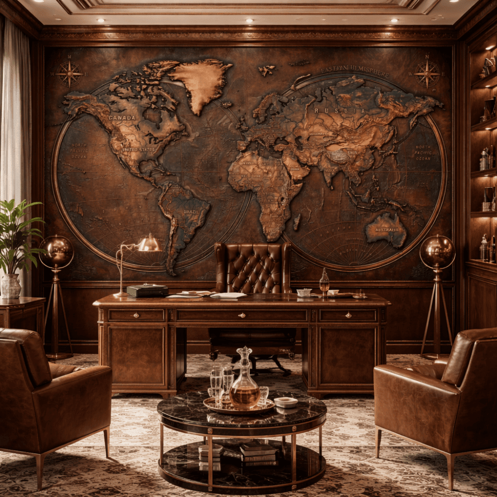 Bronz Kabartmalı Vintage Dünya Haritası Duvar Kağıdı