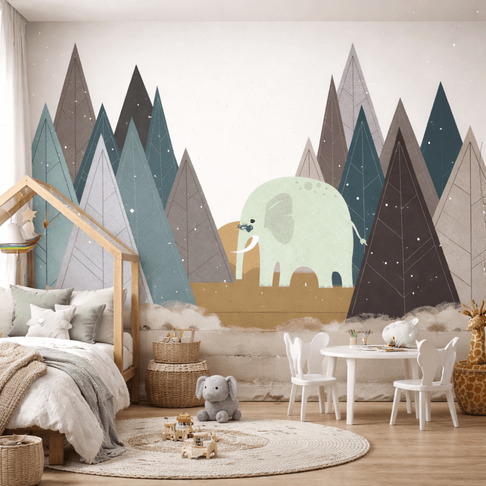 Geometrik Dağlar ve Sevimli Fil Çocuk Odası Duvar Kağıdı