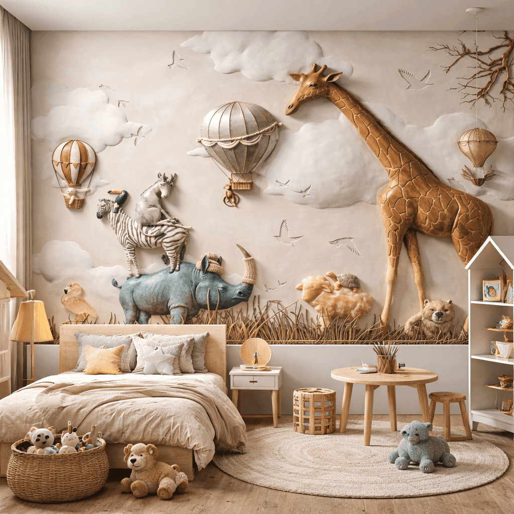 3D Safari Hayvanlar ve Balonlar Çocuk Odası Duvar Kağıdı