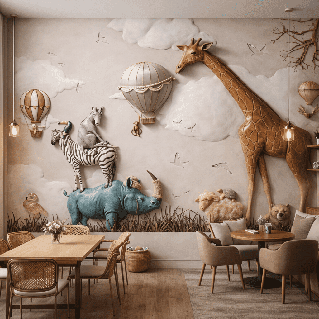 3D Safari Hayvanlar ve Balonlar Çocuk Odası Duvar Kağıdı - Görsel 3