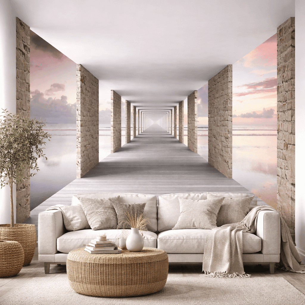 3D Sonsuz Koridor Duvar Kağıdı – Deniz Manzaralı Modern Perspektif Duvar Dekoru