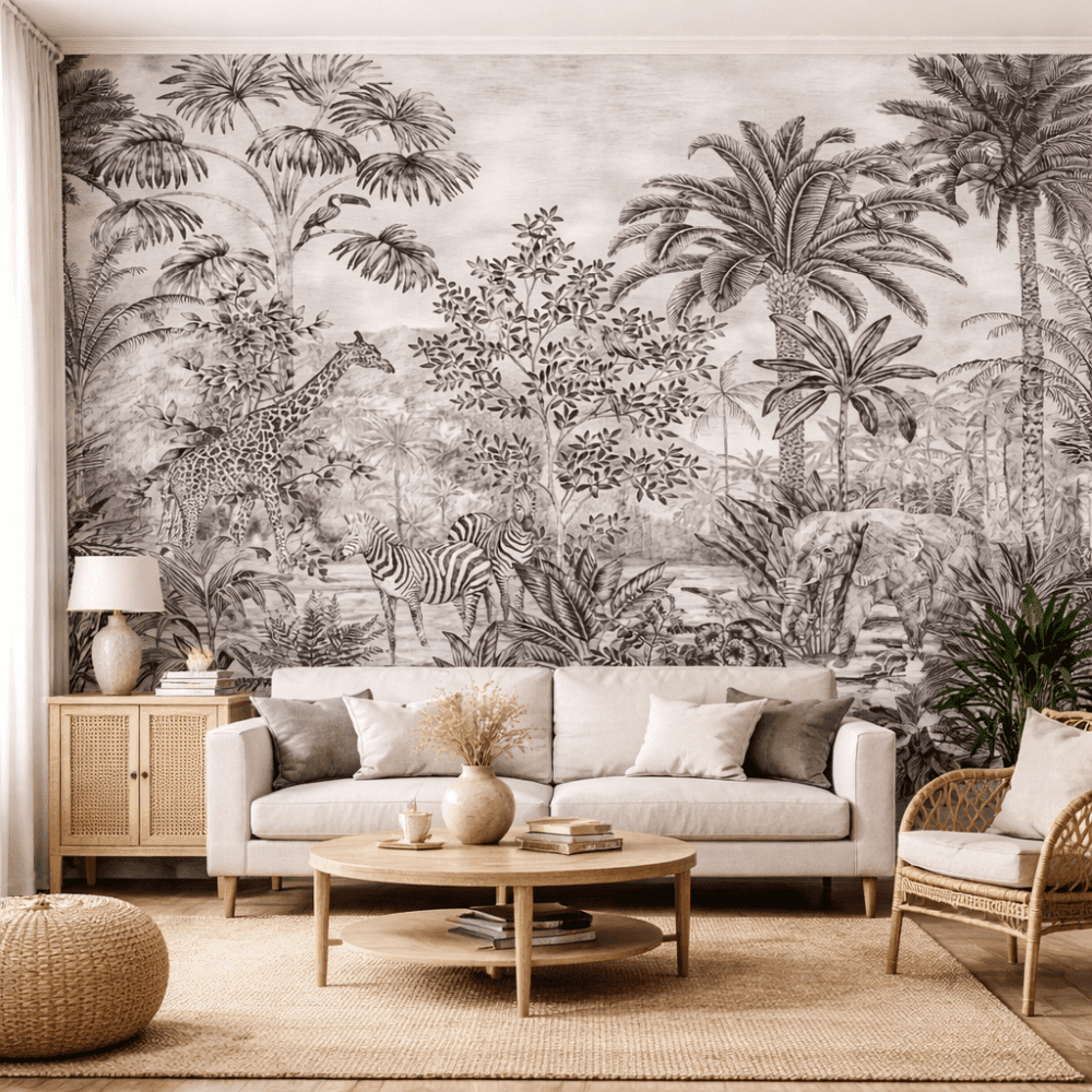 Siyah Beyaz Safari Orman Hayvanları Duvar Kağıdı