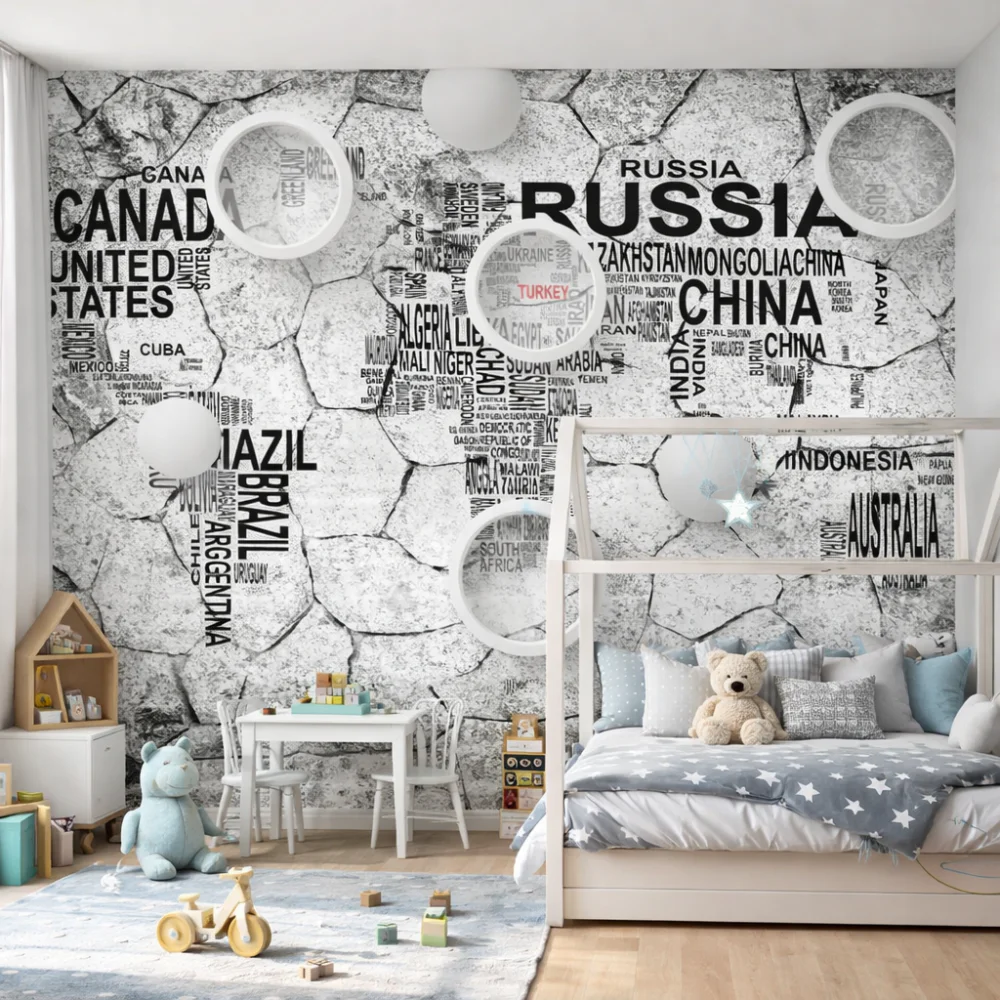 Modern Dünya Haritası Taş Desenli Duvar Kağıdı