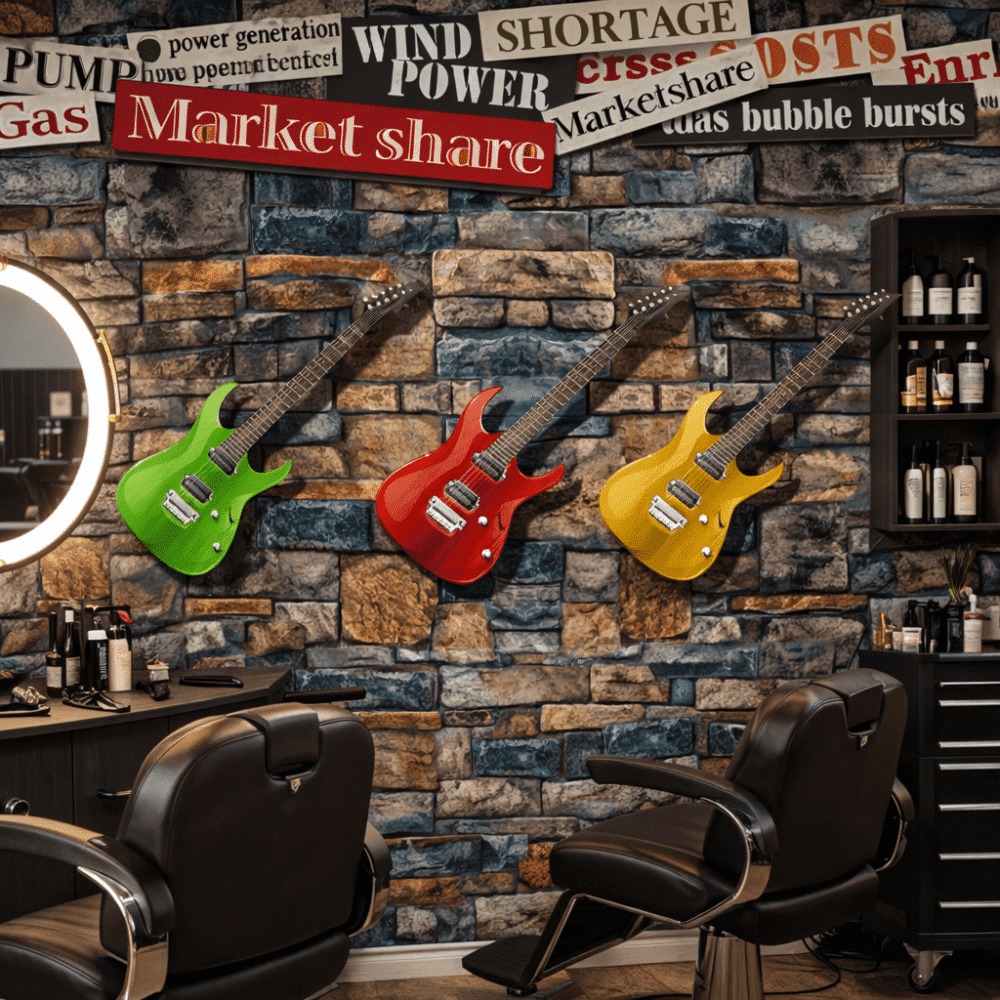 Renkli Gitarlar Taş Duvar Desenli Duvar Kağıdı