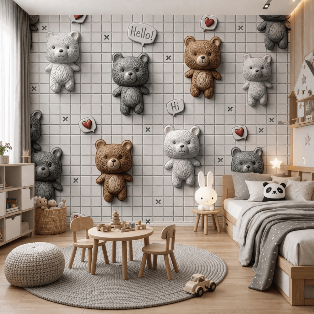 Sevimli Ayıcıklar 5D Kabartma Görünümlü duvar kağıdı