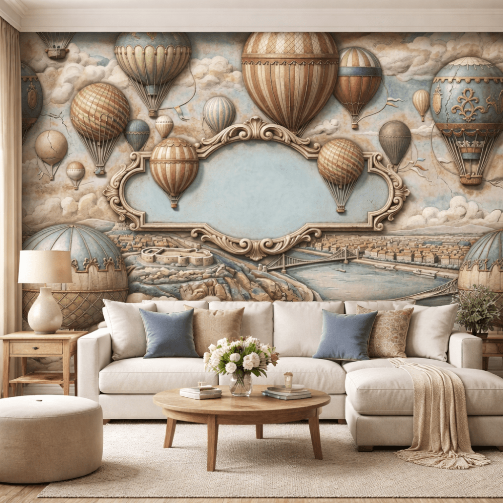 Vintage Balon Şehir Manzarası 5D Kabartma Görünümlü duvar kağıdı