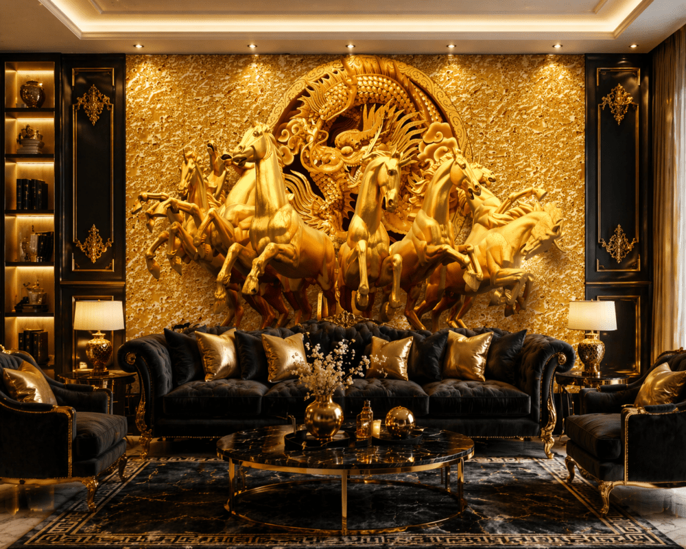 Altın Ejderha ve At Figürlü Lüks Duvar Kağıdı