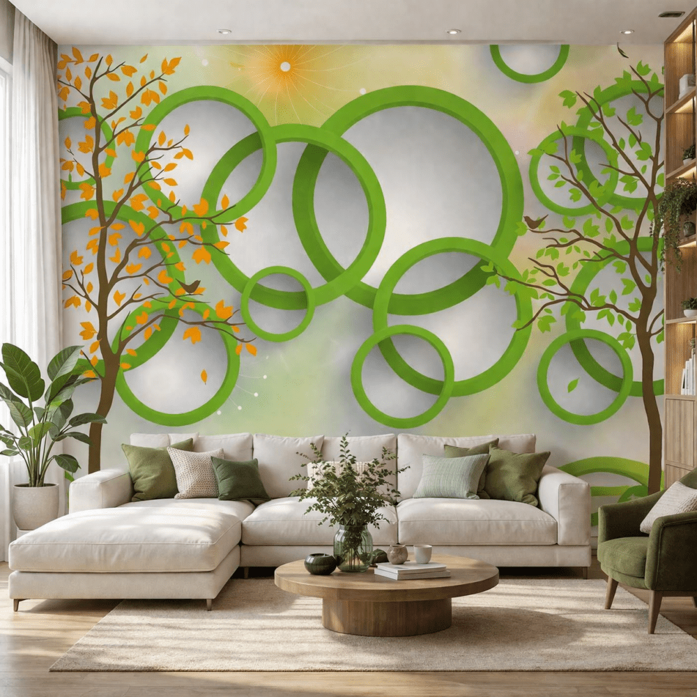 Yeşil Halkalar ve Ağaç Desenli Duvar Kağıdı