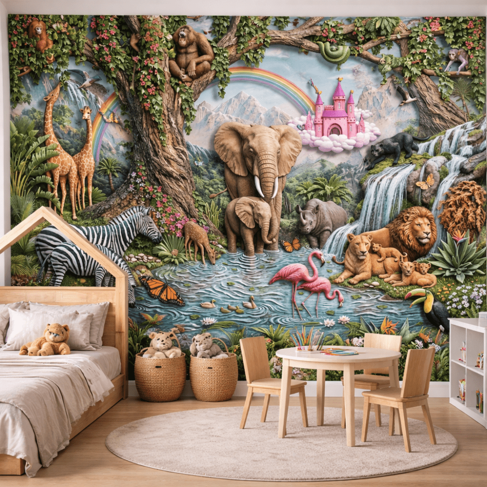 Masalsı Orman Hayvanları ve Şelale 5D Kabartma Görünümlü duvar kağıdı