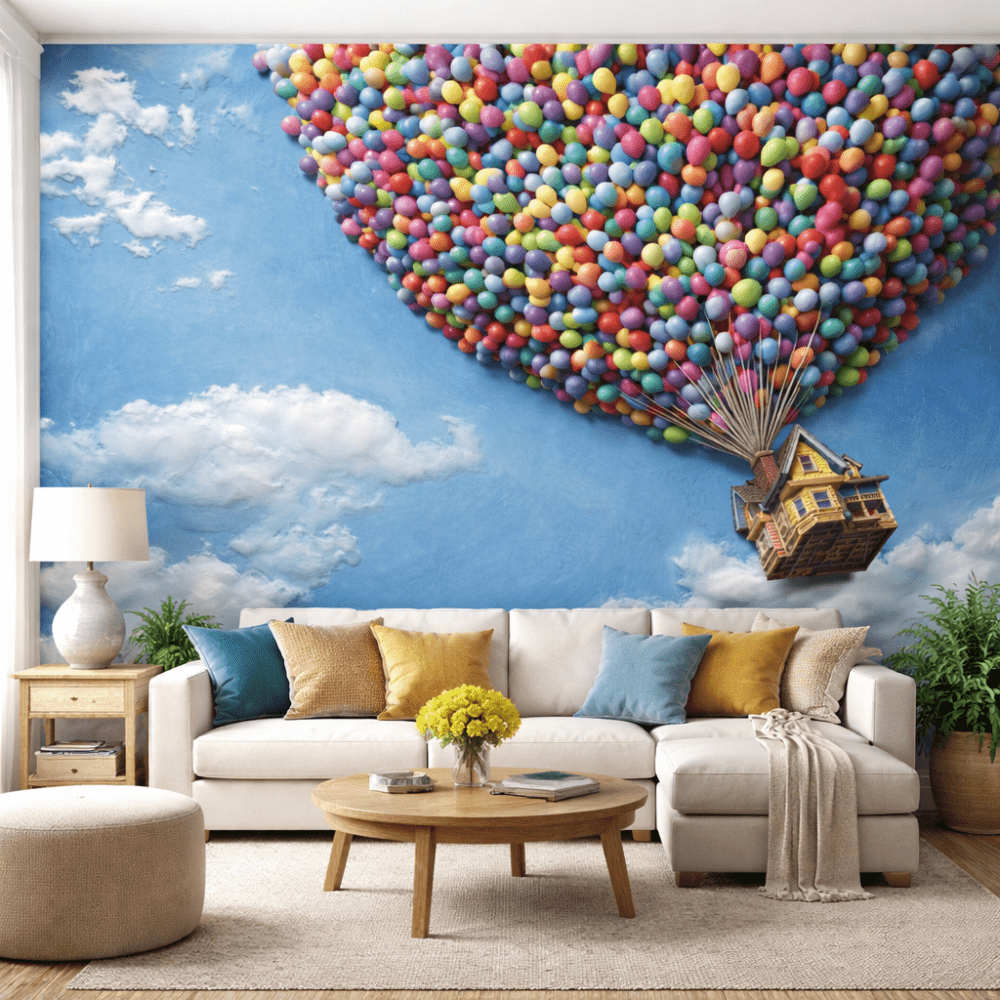 Renkli Balonlar Uçan Ev 5D Kabartma Görünümlü duvar kağıdı