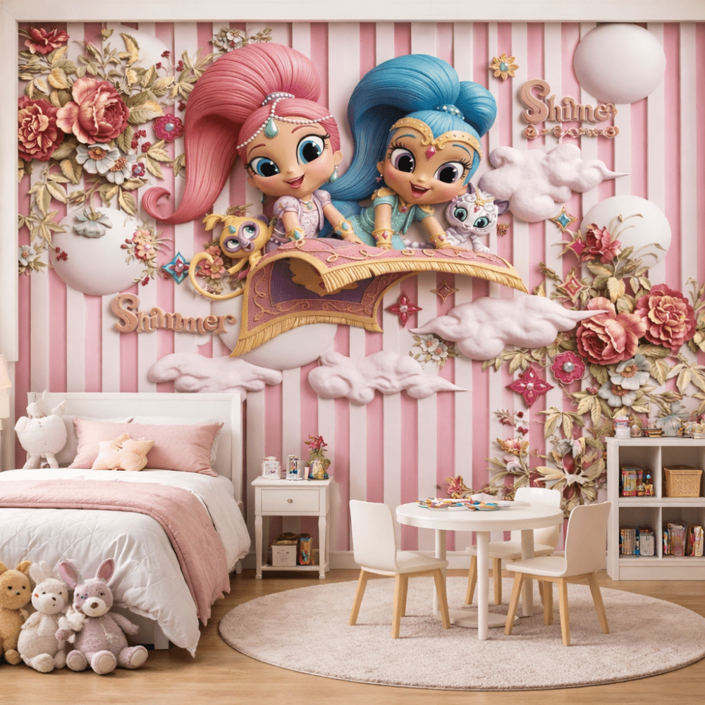 Sihirli Prensesler Uçan Halı 5D Kabartma Görünümlü duvar kağıdı