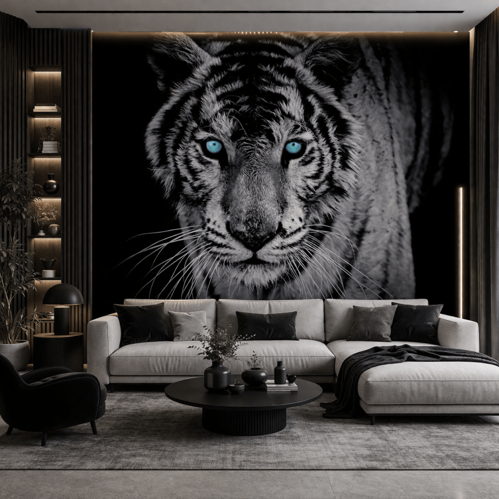 Mavi Gözlü Kaplan Desenli 3D Duvar Kağıdı