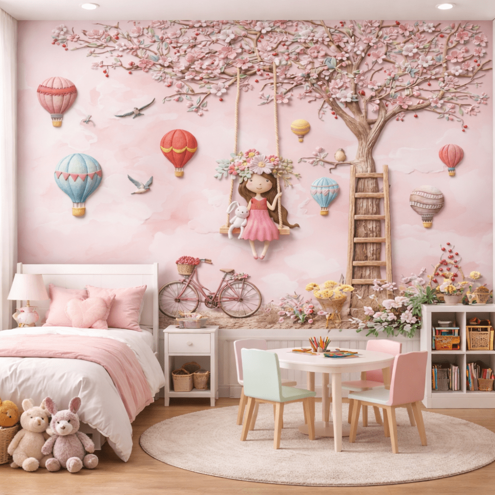 Çiçekli Salıncak Kız ve Balonlar 5D Kabartma Görünümlü duvar kağıdı