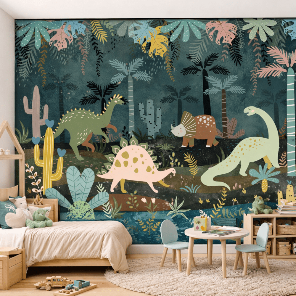 Sevimli Dinozorlar Orman Temalı Çocuk Duvar Kağıdı