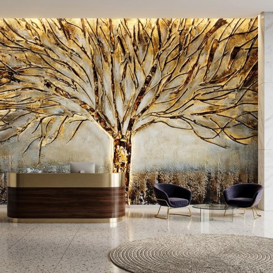 Altın Işıltılı Modern Hayat Ağacı Duvar Kağıdı